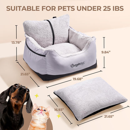 BurgeonNest Dog Car Seat for Small Dogs, Soft Pet Car Travel Home Bed Under 25 lbs, Fully Detachable and Washable Cat Booster Carseats with Storage Pockets and Clip-On Leash Portable Carrier,Black