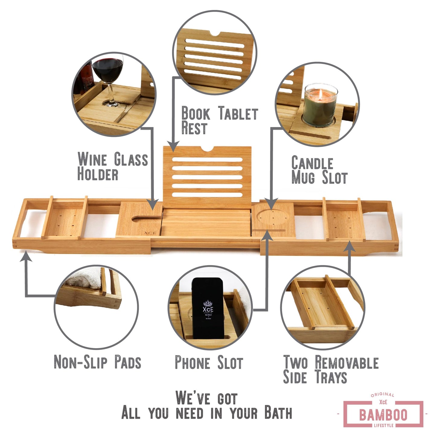 XcE Bamboo Bathtub Caddy Tray - Expandable to 41 Inches with Book Stand, Soap Holder & Anti-Slip Pads for Luxury Bath Spa, Brown