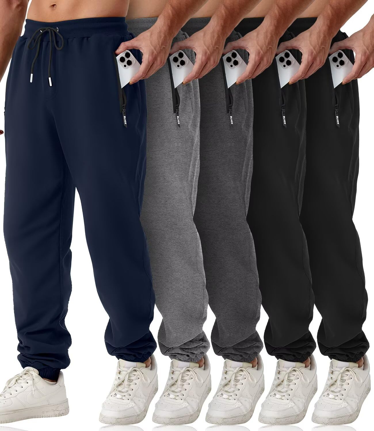 Mens Sweatpants with Zipper Pockets 5 Pack Athletic Joggers for Men Warm Slim Fit Track Workout Running Sweat Pants