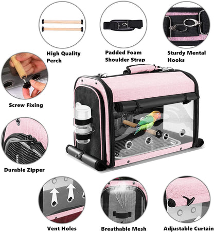 Bird Carrier Bag with Stand, Lightweight Backpack for Parrot, Portable Cockatiel Travel Cage with Accessories, Pet Transparent Breathable Carrier, Gray