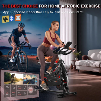Wenoker Exercise Bike,Indoor Spin Bike with Adjustable Resistance Bluetooth Fitness App, 350 LBS Heavy Duty Frame,Smooth Quiet Belt Drive, Adjustable Handlebars & Seat with Transport Wheels