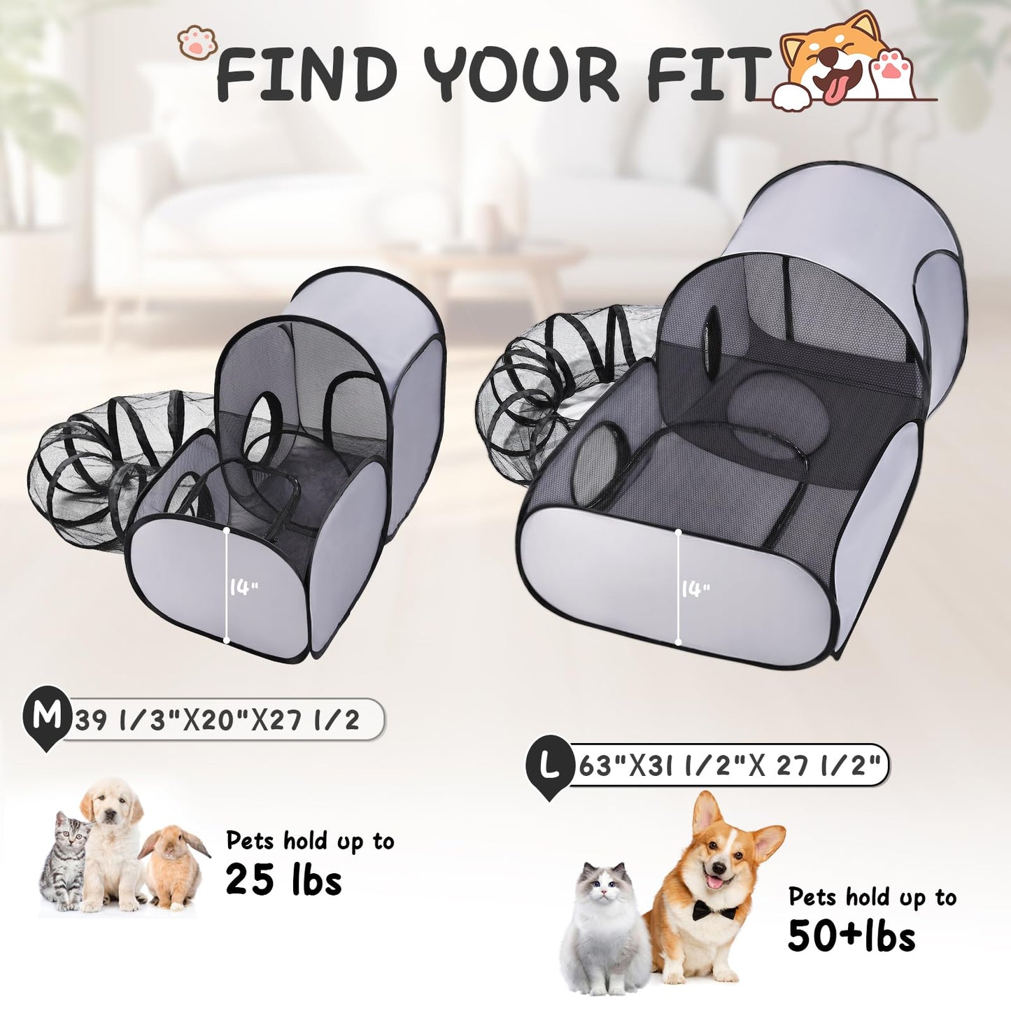 Tailtastic Pet Playpen with Surround Tunnel, Outdoor/Indoor Cat Playpen with Breathable Soft Sides，Tailtastic Cat Enclosure Tent for Small Animals, Portable Tent with Carry Bag (Medium)