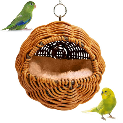 BNOSDM Rattan Bird Nest Parrot Nesting House Parakeet Nesting Soft Lovebird Warm Bed Sleeping for Parrots Bird Cage Accessories for Cockatiels Budgerigars Finches Canaries (Single-Hole Style)