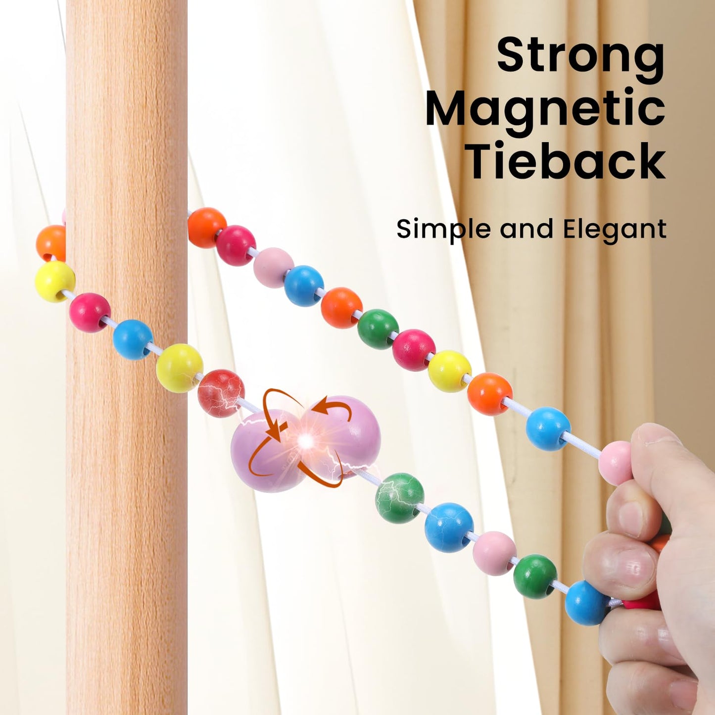 KLOGTSIND Magnetic Curtain Tiebacks, Curtain Holdbacks for Curtains 2 Pack, Wood Bead Curtain Holders for Boho Bedroom Decor, Baby Nursery Decor, Farmhouse Decor