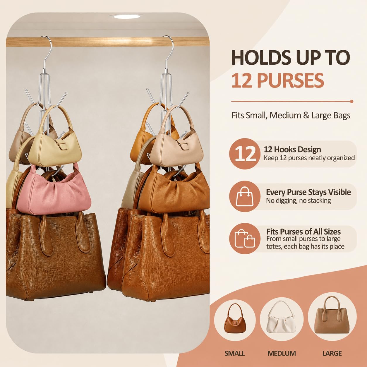 ZEDODIER 2 Pack Purse Organizer for Closet, Heavy-Duty Hanging Purse Hanger Closet Holds Up to 12 Purses, Metal Rotating Space Saving Bag Holder Handbag Storage Hook Backpack Rack, Silver