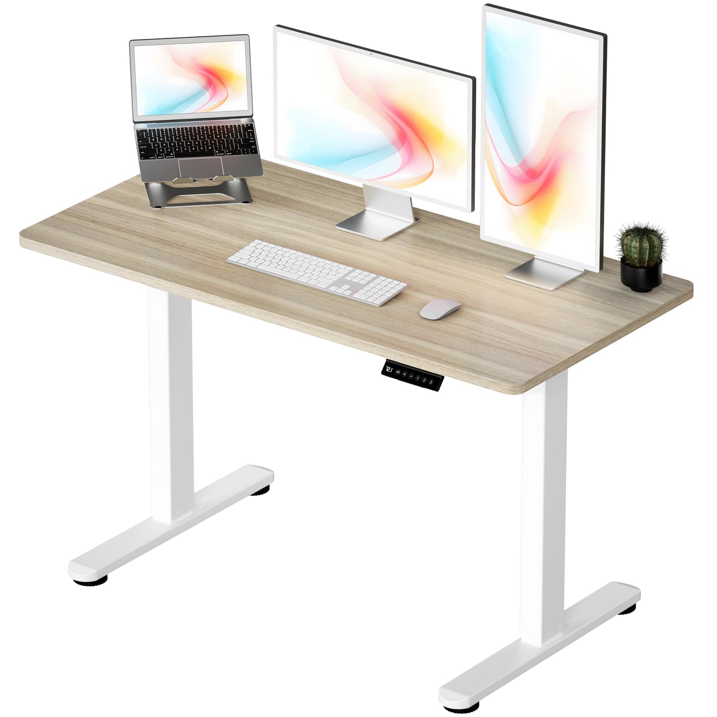 Okin Small Electric Standing Desk, 36" x 24" Whole Piece Height Adjustable Desk, Oak Sit to Stand Computer Workstation with Wheels for Home Office