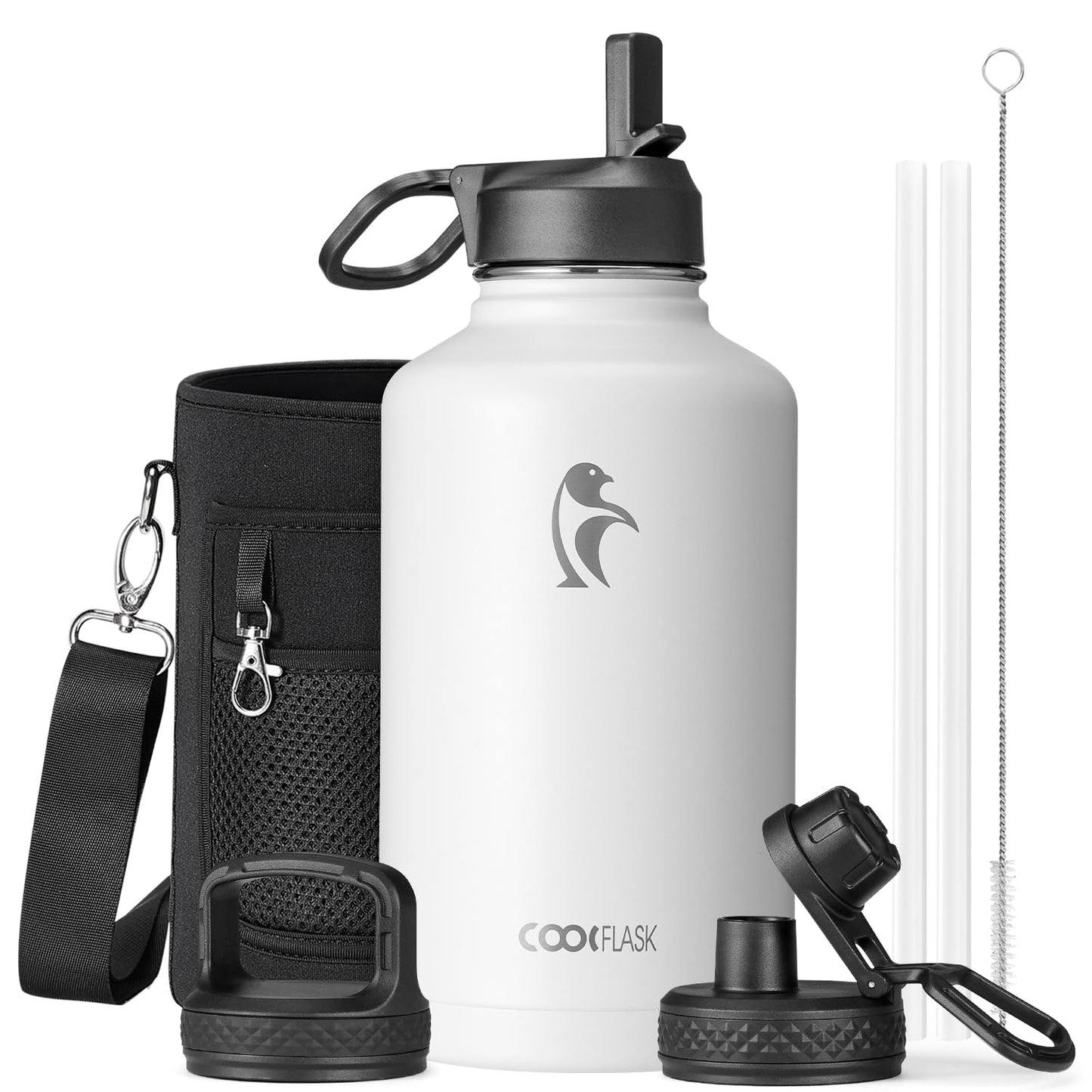 Half Gallon Water Bottle Insulated with Straw & 3 Lids, Coolflask 64 oz Water Jug Large Metal Stainless Steel Wide Mouth for Sports, Gym or Office, Non-BPA Keep Cold 48H Hot 24H, Samurai Cyan