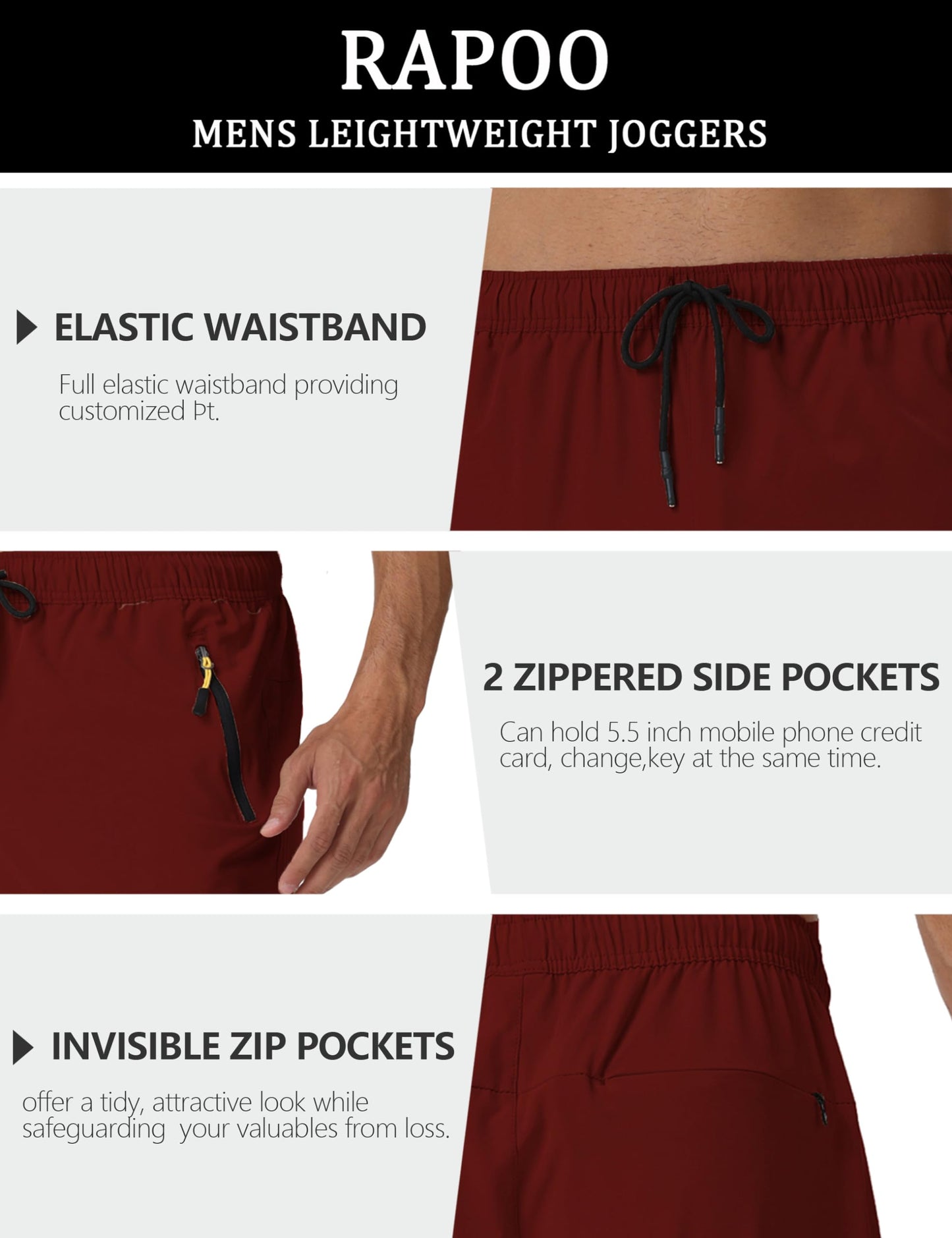 Rapoo Mens Lightweight Hiking Pants Quick Dry Stretch Joggers for Running Workout Casual
