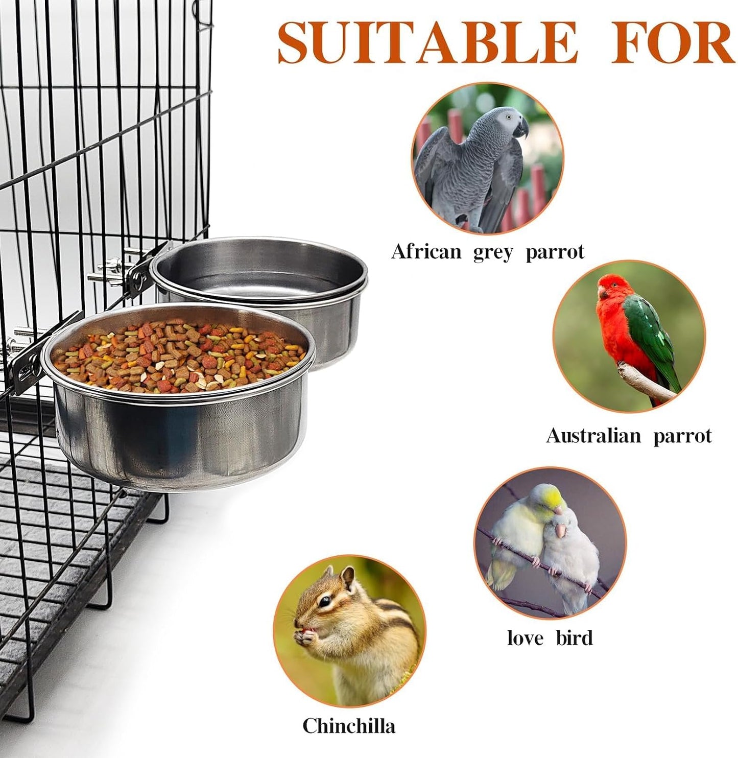 PINVNBY Parrot Feeding Cups Birds Food Dish Stainless Steel Parrot Feeders Water Cage Bowls with Clamp Holder for Cockatiel Conure Budgies Parakeet Parrot Macaw Small Animal Chinchilla Pack of 2