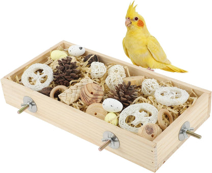 Bird Foraging Toys Box, Wooden Foraging and Shredding Toy for Birds, Bird Box for Mental Stimulation, Wood Colour
