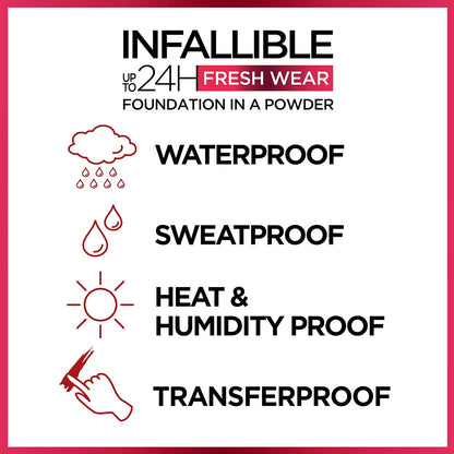 L'Oreal Paris Makeup Infallible Fresh Wear Foundation in a Powder, Up to 24H Wear, Waterproof, Vanilla, 0.31 oz. (Packaging May Vary)