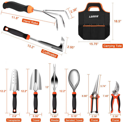 9 Piece Garden Tool Set | Heavy Duty Stainless Steel, Ergonomic Non-Slip Rubber Handles, Pruning Shears, Trowel, 600D Storage Tote Bag