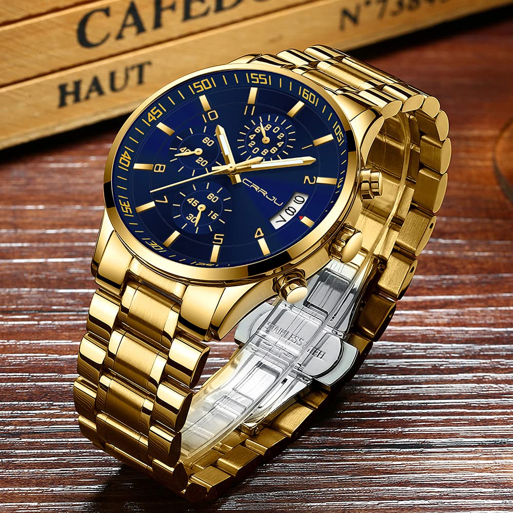 CRRJU Men's Fashion Stainless Steel Watches Date Waterproof Chronograph Wristwatches,Black Steel Band Waterproof Quartz Watch for Men