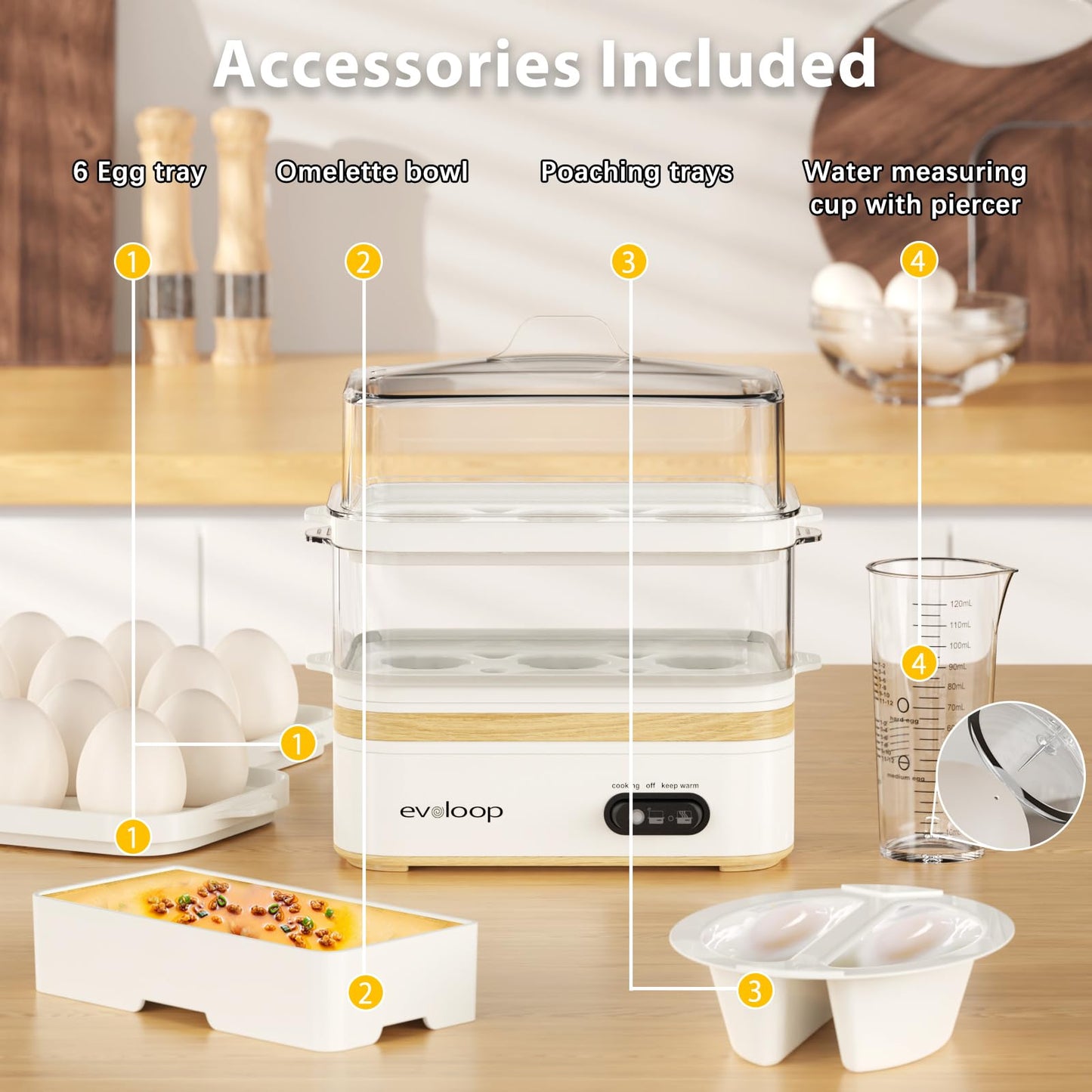 Evoloop Rapid Egg Cooker Electric 12 Eggs Capacity, Soft, Medium, Hard Boiled, Poached, Omelet Maker Egg Poacher & Vegetable Steamer, BPA Free Tray