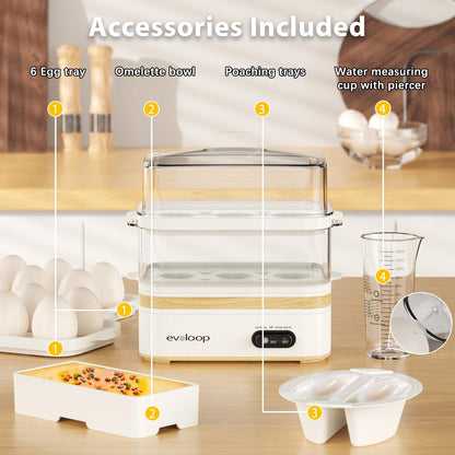 Evoloop Rapid Egg Cooker Electric 12 Eggs Capacity, Soft, Medium, Hard Boiled, Poached, Omelet Maker Egg Poacher & Vegetable Steamer, BPA Free Tray
