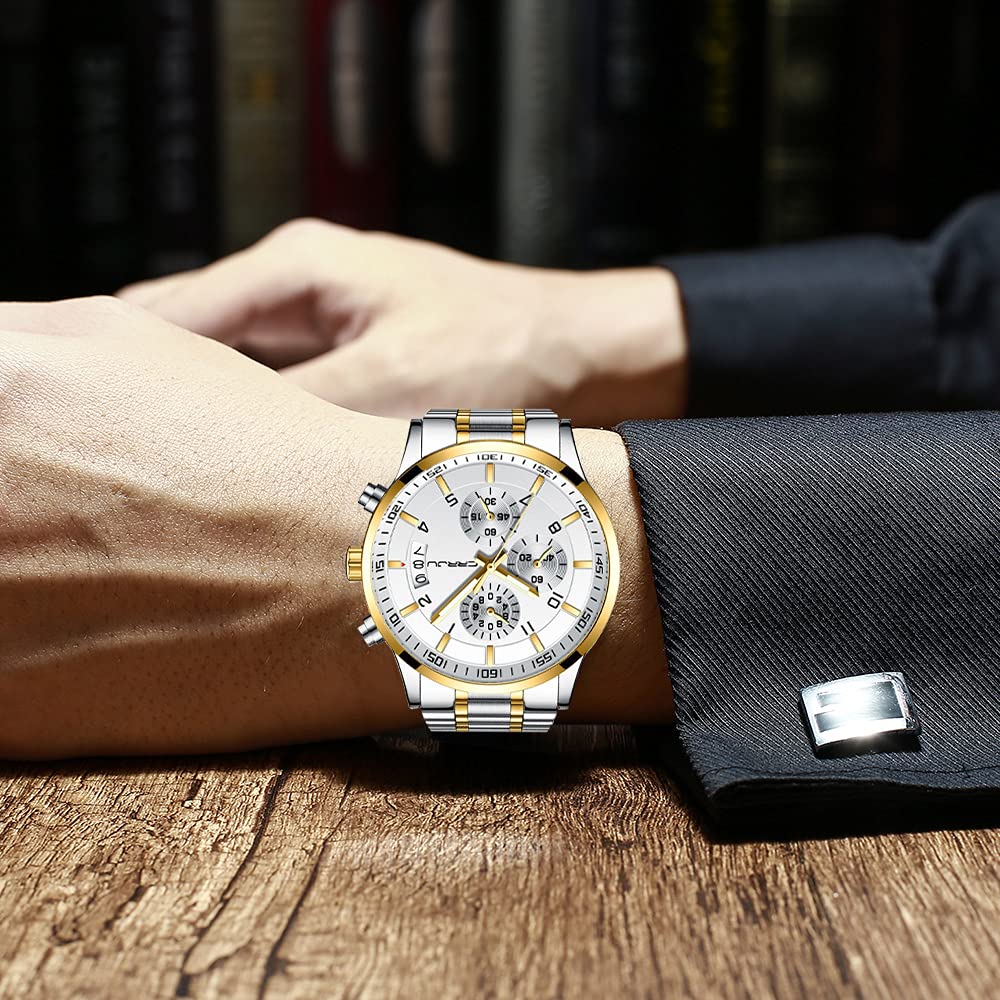 CRRJU Men's Fashion Stainless Steel Watches Date Waterproof Chronograph Wristwatches,Black Steel Band Waterproof Quartz Watch for Men