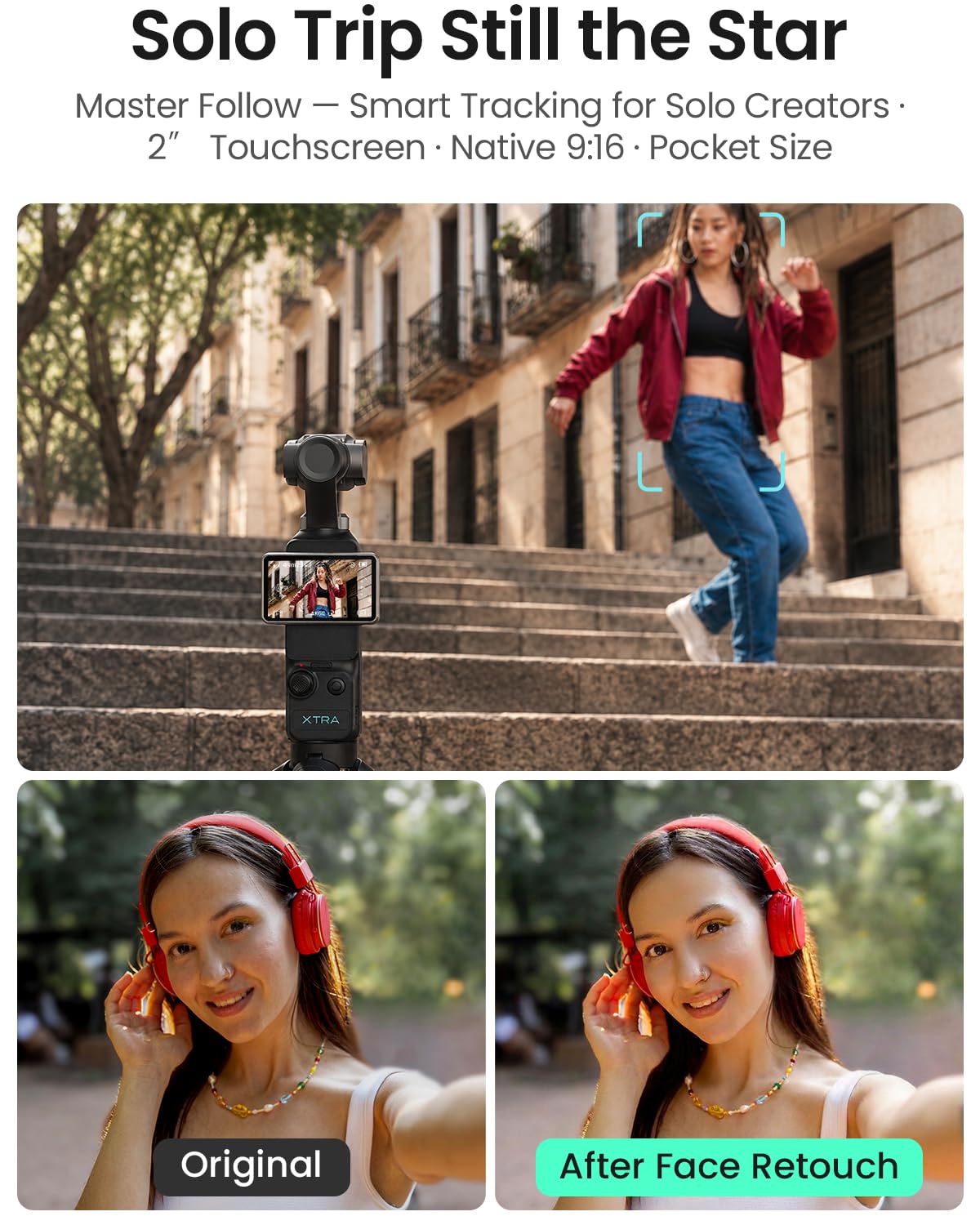 Xtra Muse, Vlogging Camera with 1'' CMOS & 4K/120fps Videos, Pocket Camera with 3-Axis Gimbal Stabilizer, Fast Focusing, Face/Object Tracking, Digital Video Camera for Photography, Digital Camera