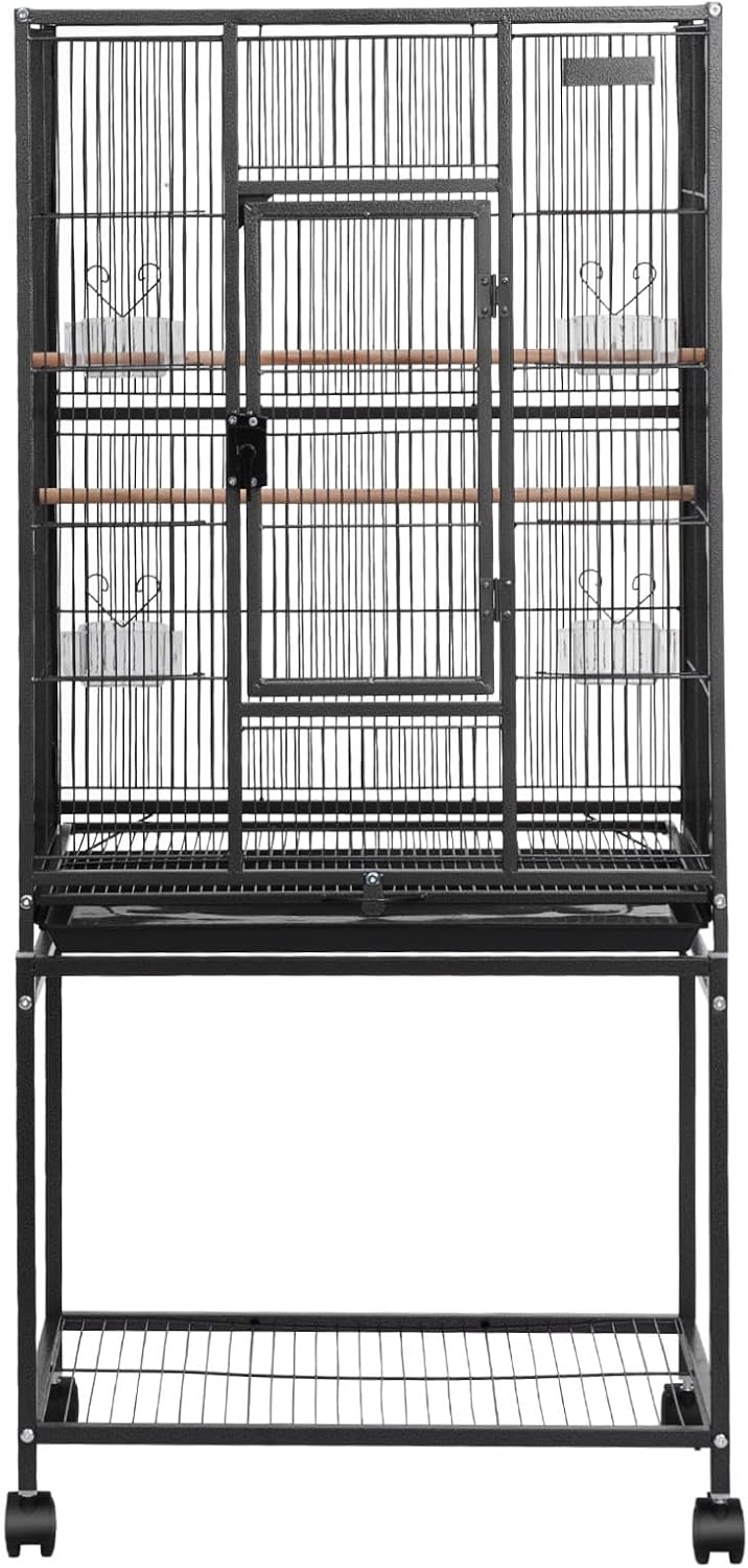 VEVOR Bird Cage, 24.6 x 16.7 x 53.9 inch, Flat Top, Wrought Iron Bird Flight Cage with Perches, Slide-Out Tray and Plastic Feeders, Casters, for Parrot, Blue Tit, Cockatiel, Canary, Budgerigar, Conure