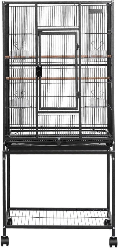 VEVOR Bird Cage, 24.6 x 16.7 x 53.9 inch, Flat Top, Wrought Iron Bird Flight Cage with Perches, Slide-Out Tray and Plastic Feeders, Casters, for Parrot, Blue Tit, Cockatiel, Canary, Budgerigar, Conure