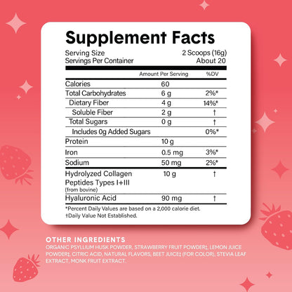 Bellway Super Fiber Powder + Collagen, Sugar-Free Psyllium Husk Powder with Collagen Peptides and Hyaluronic Acid for Gut Health, Healthy Skin, Nails, Bones & Joints, Strawberry Lemonade (20 Servings)