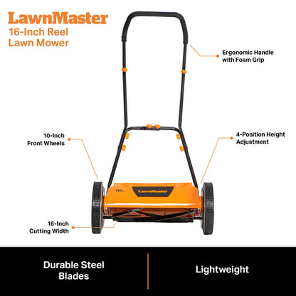 LawnMaster LMRM1801 Push Reel Lawn Mower 18-Inch 5-Blade