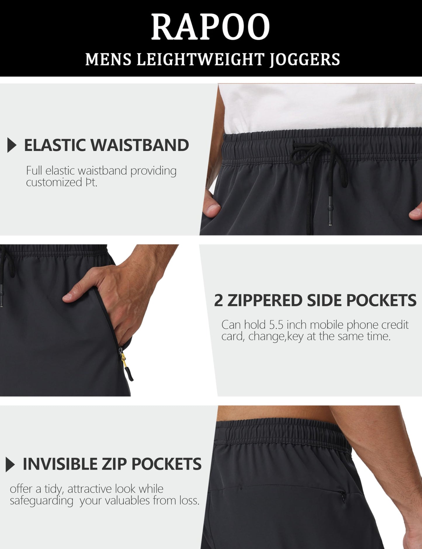 Rapoo Mens Lightweight Hiking Pants Quick Dry Stretch Joggers for Running Workout Casual