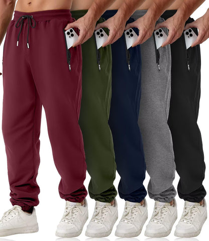 Mens Sweatpants with Zipper Pockets 5 Pack Athletic Joggers for Men Warm Slim Fit Track Workout Running Sweat Pants