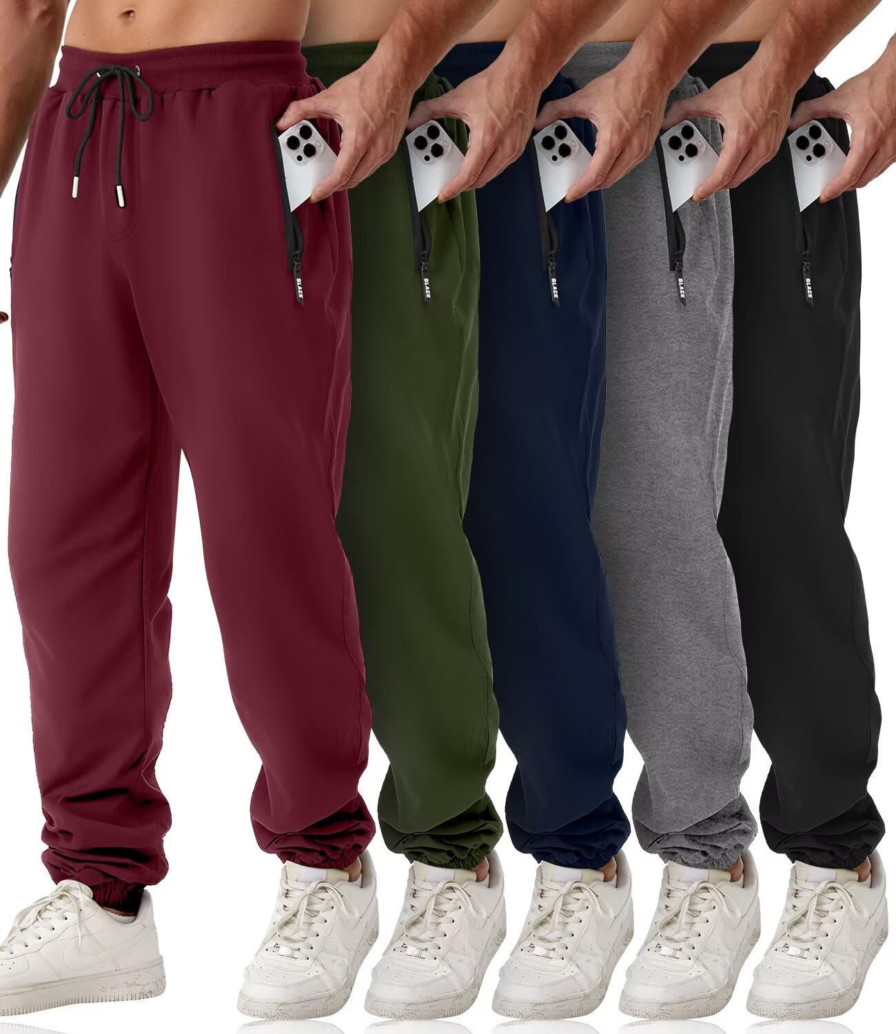 Mens Sweatpants with Zipper Pockets 5 Pack Athletic Joggers for Men Warm Slim Fit Track Workout Running Sweat Pants