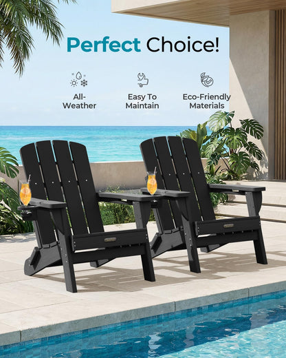 Folding Adirondack Chair, HDPE Adirondack Chairs with 2 Cup Holder, Plastic All-Weather Fire Pit Chairs, Outdoor Lawn Chair for Patio Garden (Grey)