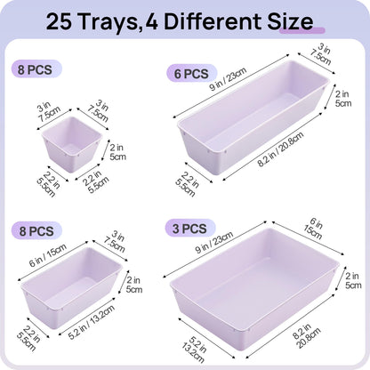 Vtopmart 25 PCS Clear Plastic Drawer Organizers Set, 4-Size Versatile Bathroom and Vanity Drawer Organizer Trays, Storage Bins for Makeup, Bedroom, Kitchen Gadgets Utensils and Office