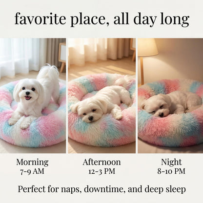 Small Calming Dogs Bed for Small Dogs Anti-Anxiety Machine Washable Fluffy Luxury Anti-Slip Waterproof Mute Base Warming Cozy Soft Pet Puppy Round Bed