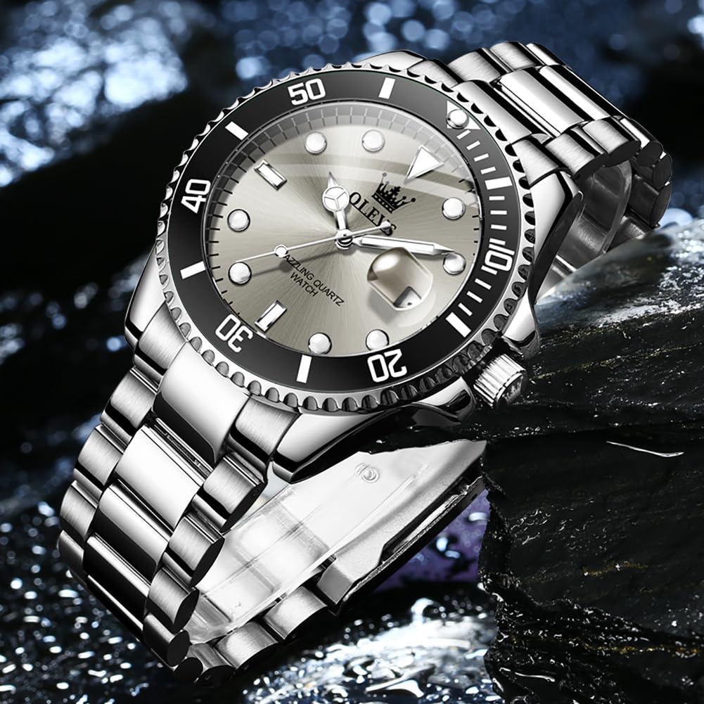 OLEVS Luxury Watches for Men Big Face Stainless Steel Business Dress Analog Quartz Watch with Day Waterproof Luminous Mens Wrist Watch