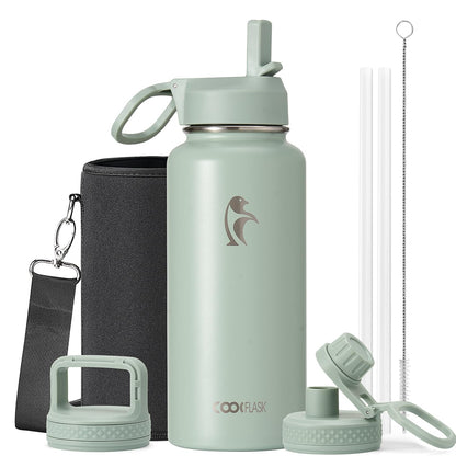 Half Gallon Water Bottle Insulated with Straw & 3 Lids, Coolflask 64 oz Water Jug Large Metal Stainless Steel Wide Mouth for Sports, Gym or Office, Non-BPA Keep Cold 48H Hot 24H, Samurai Cyan