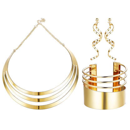 JOERICA Bib Choker Necklace Set for Women Wide Cuff Bangle Bracelets Long Statement Dangle Earrings African Costume Jewelry Set