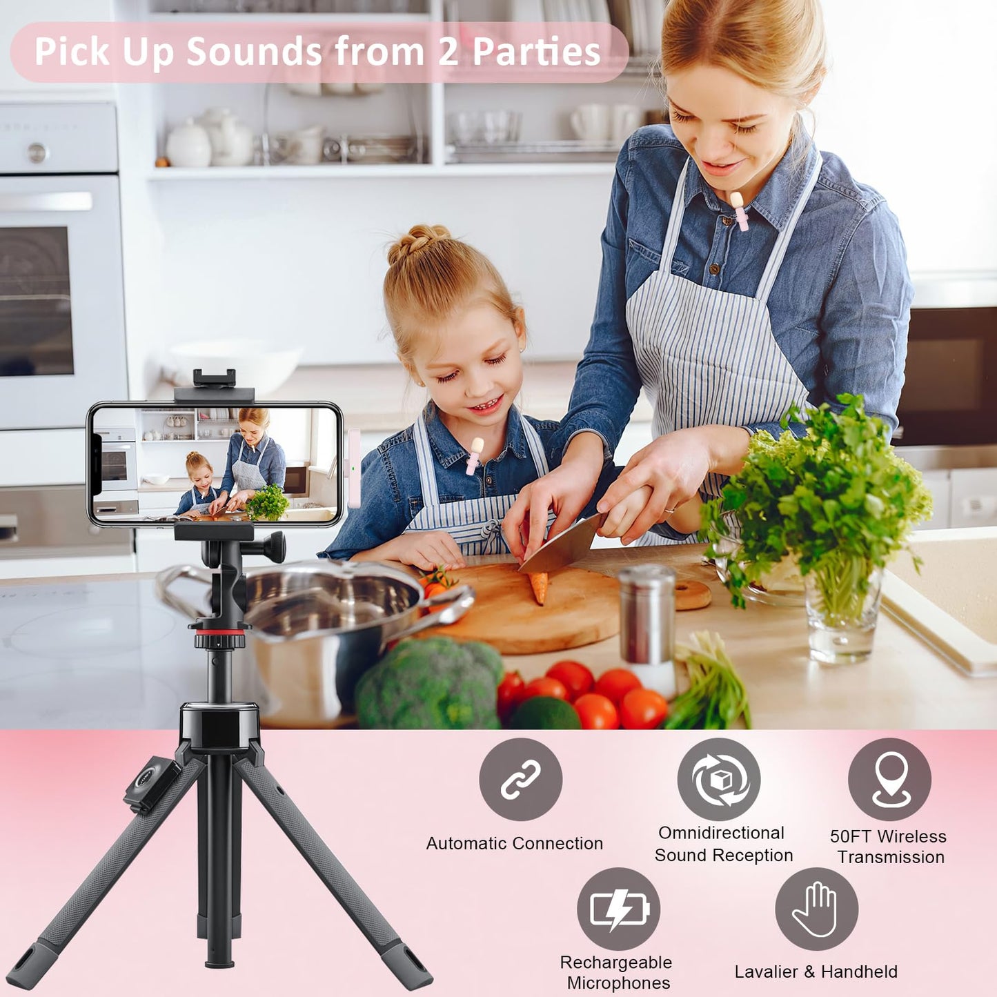MAYBESTA Wireless Mini Microphone for iPhone, Android Phone - 2 Pack Lavalier Lapel Mic for Audio Video Recording - Clip on Content Creator Microphones for YouTube Tiktok Podcast Vlogging