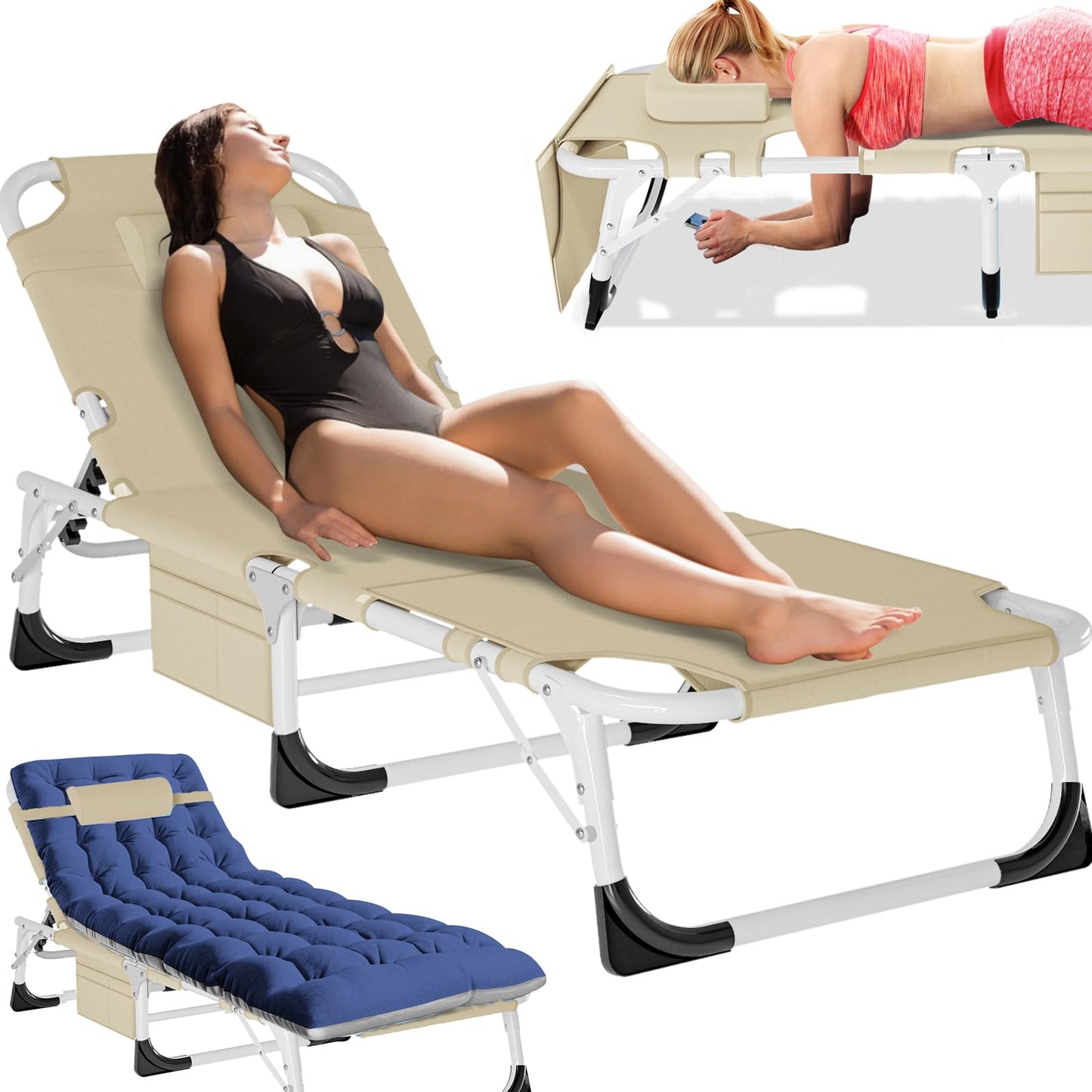 MOPHOTO Folding Lounge Chair 5-Position, Folding Cot, Portable Outdoor Chaise Lounge Chair for Sun Tanning, Perfect for Pool Beach Patio Sunbathing