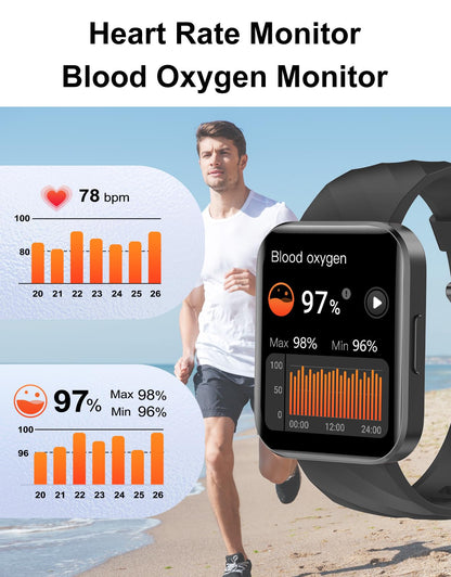 Smart Watch (Answer/Make Calls), 1.85" Smart Watches for Men Women Digital Watch Fitness Tracker with 100+ Sport Modes Heart Rate Monitor for iOS Android Phones Waterproof Black