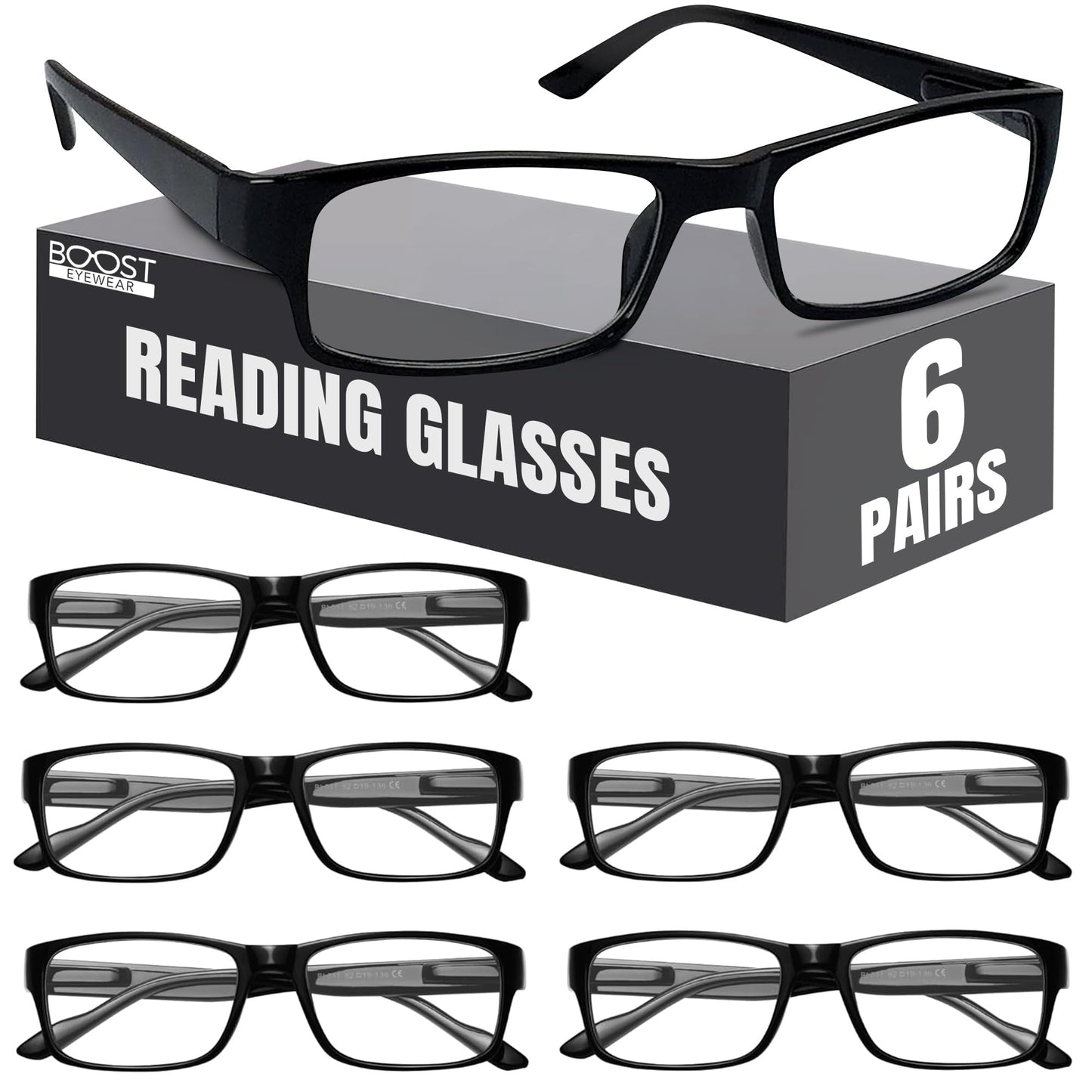 Boost Eyewear Reading Glasses, Traditional Black Frames, with Spring Loaded Hinges