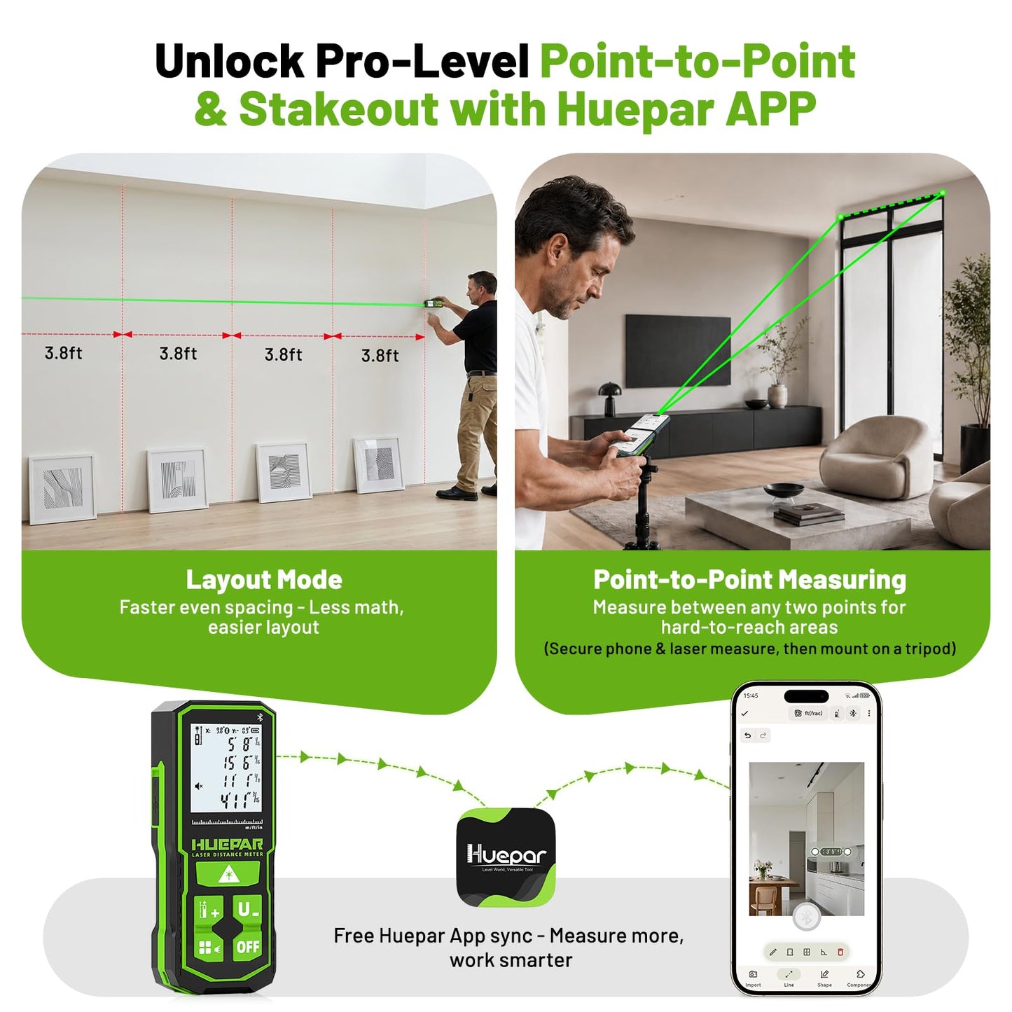 Huepar 395FT Bluetooth Green Laser Measuring Tool S120-G-BT | 1/16in Accuracy, APP Control, Angle Sensor, Carry Bag, Laser Distance Measurement Tool, Digital Laser Room Measuring Device