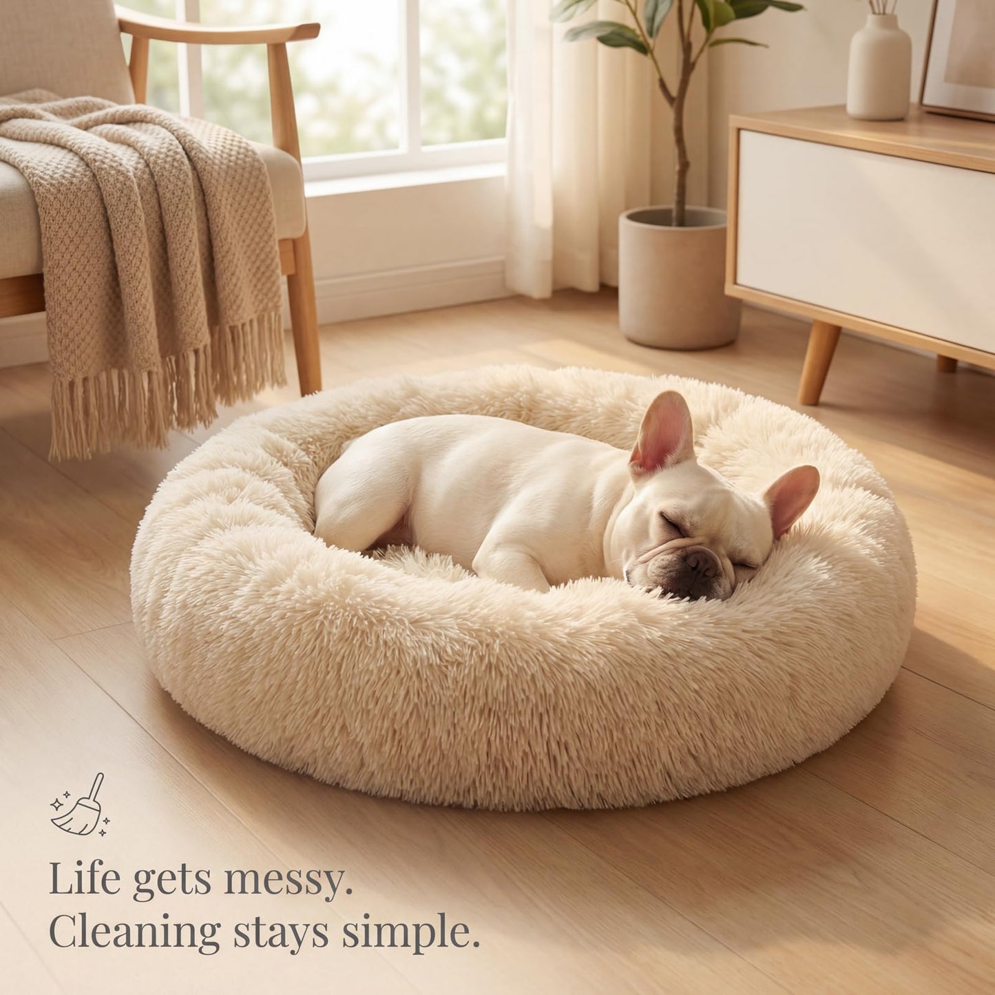 Small Calming Dogs Bed for Small Dogs Anti-Anxiety Machine Washable Fluffy Luxury Anti-Slip Waterproof Mute Base Warming Cozy Soft Pet Puppy Round Bed