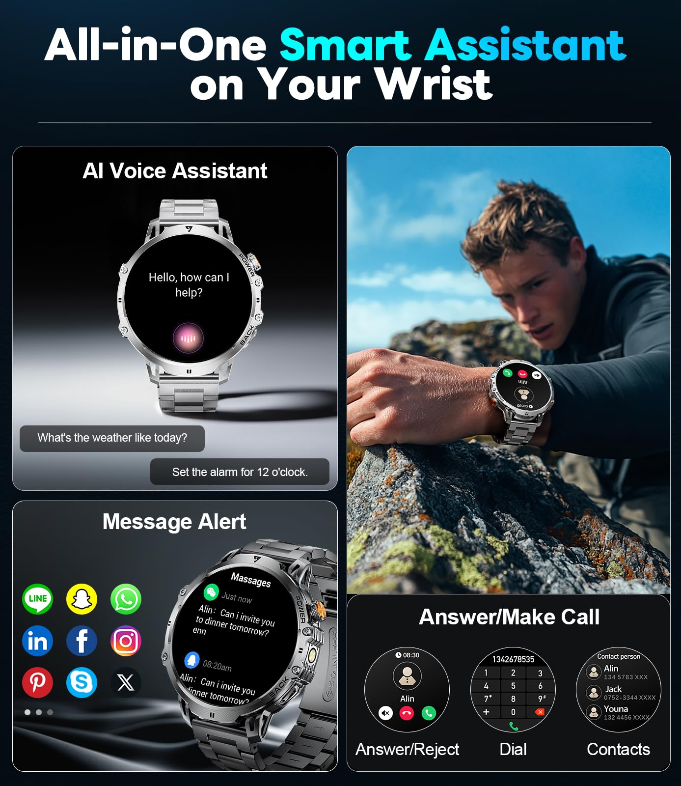 LIGE Military Smart Watches for Men(2 Bands),1000mAh/1.85" HD Large Screen Smartwatch, Flashlight/110+ Sports Modes/Sleep Monitor, Fitness Tracker Watch for Android iOS,Black
