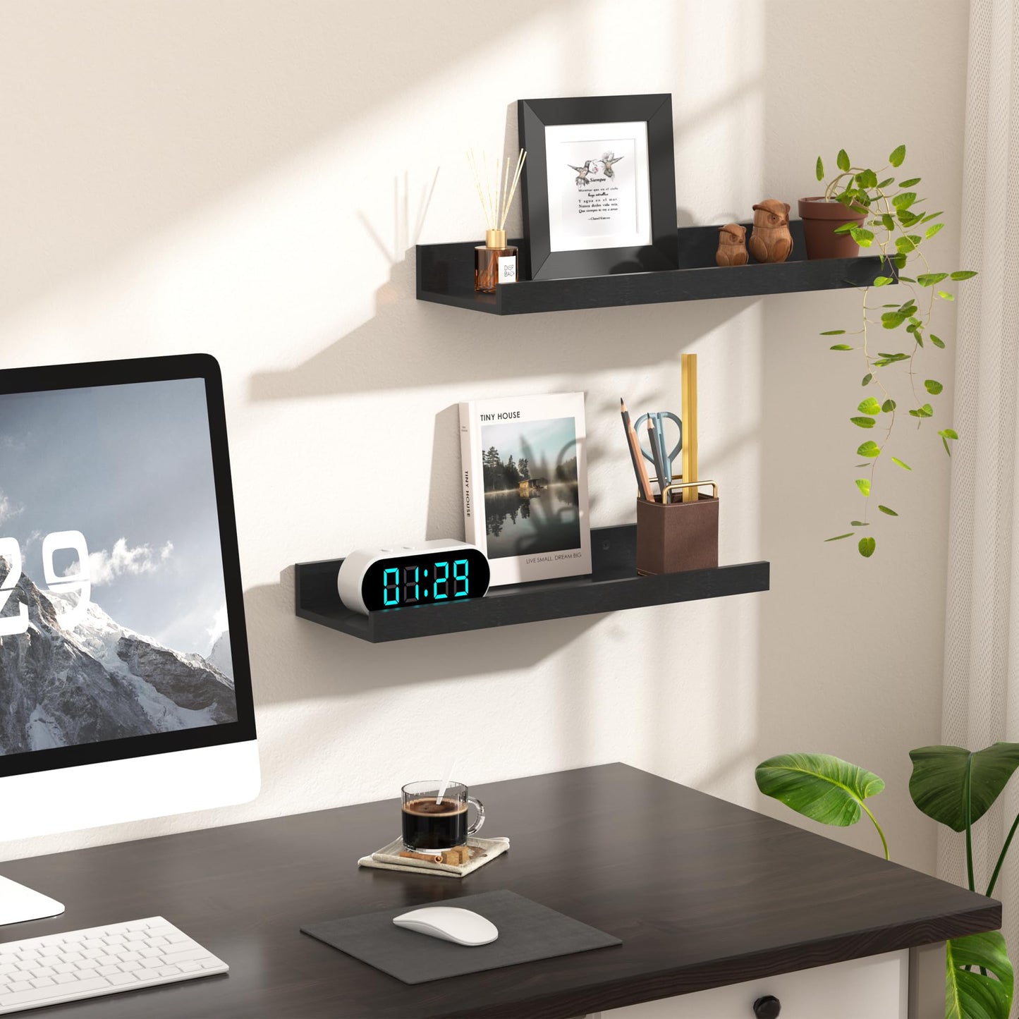 upsimples Floating Shelves for Wall, Wall Shelves for Decor Storage Set of 6, Wall Mounted Wood Shelf for Bedroom, Living Room, Bathroom, Kitchen, Picture Ledge Shelf, Black