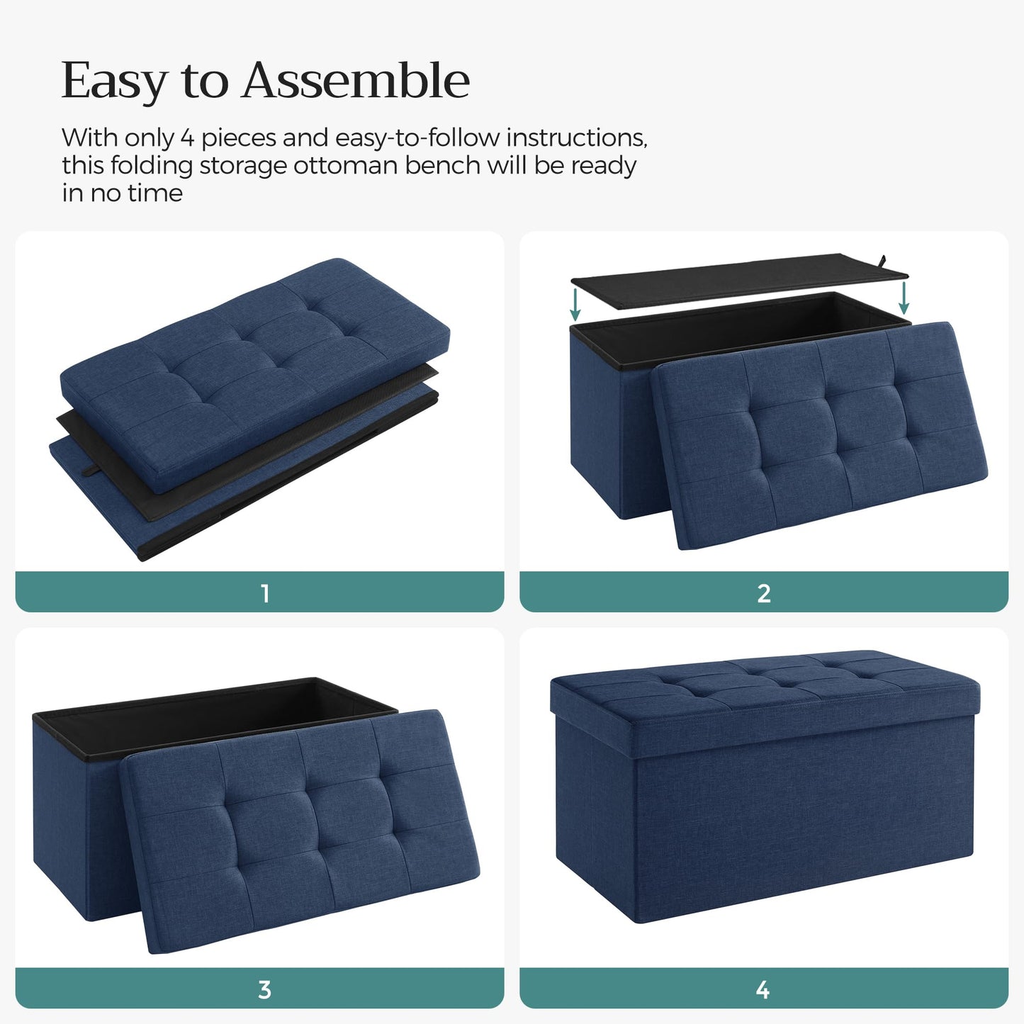 SONGMICS MAZIE Collection - 30 Inches Folding Storage Ottoman Bench, Ottoman Foot Rest, End of Bed Bench, Storage Chest, Load 660 lb, for Living Room, Bedroom, Entryway, Dark Gray ULSF47K