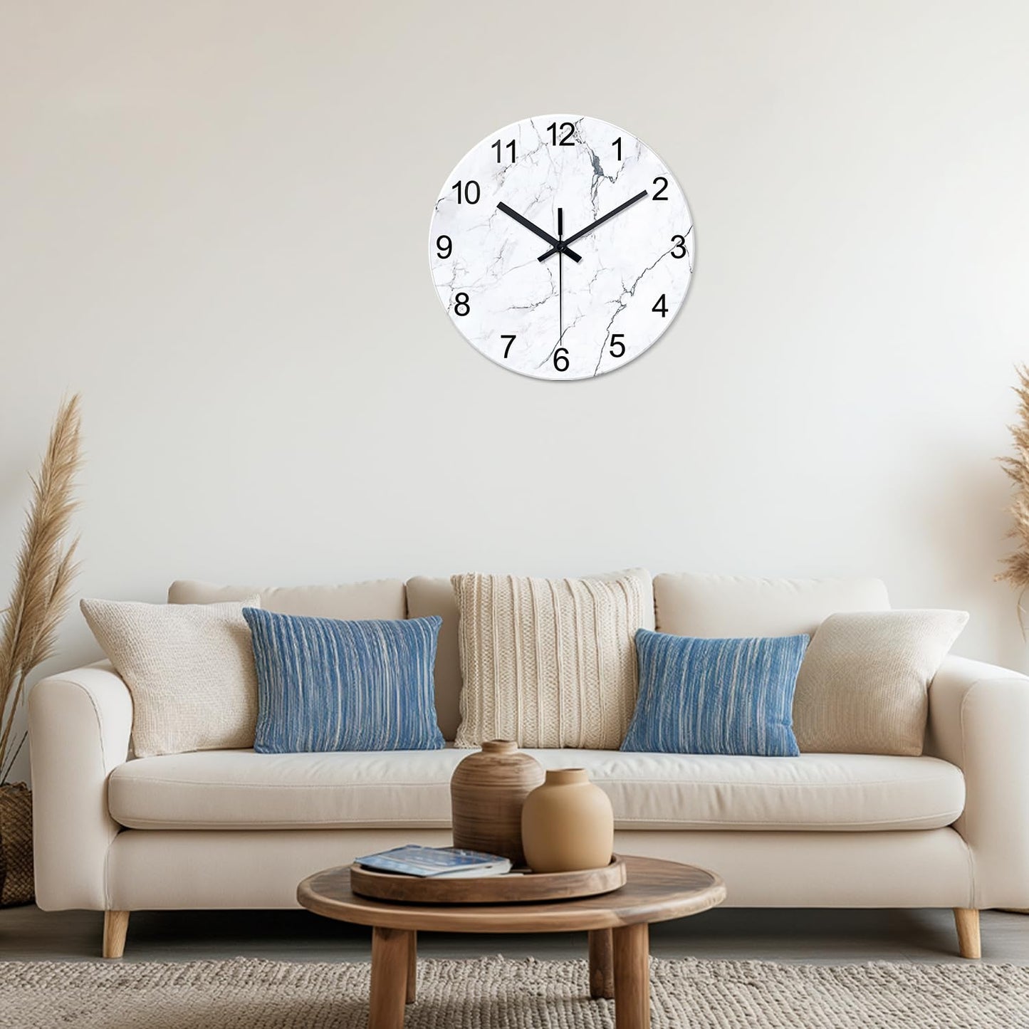 White Marble Glass Wall Clocks Battery Operated 12 Inch Abstract Decorative Analog Wall Clocks for Living Room Bedroom Office Silent Wall Clock Modern