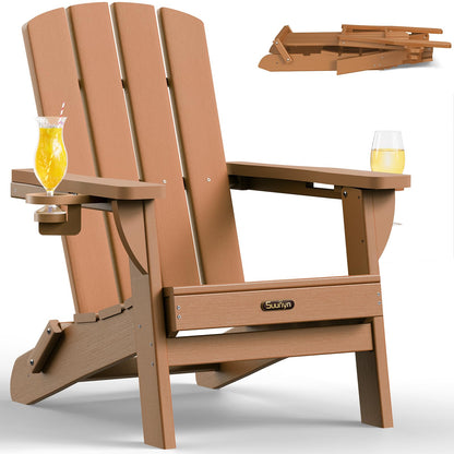 Folding Adirondack Chair, HDPE Adirondack Chairs with 2 Cup Holder, Plastic All-Weather Fire Pit Chairs, Outdoor Lawn Chair for Patio Garden (Grey)
