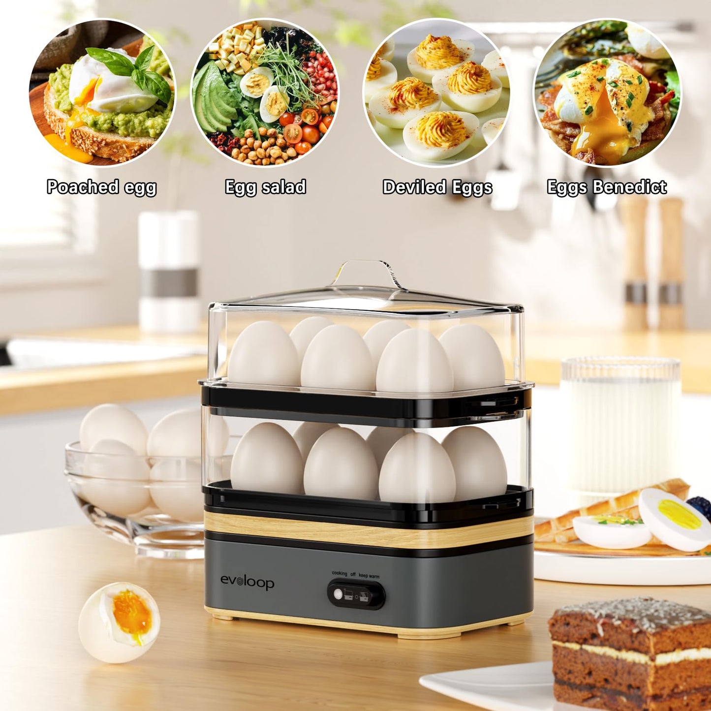 Evoloop Rapid Egg Cooker Electric 12 Eggs Capacity, Soft, Medium, Hard Boiled, Poached, Omelet Maker Egg Poacher & Vegetable Steamer, BPA Free Tray