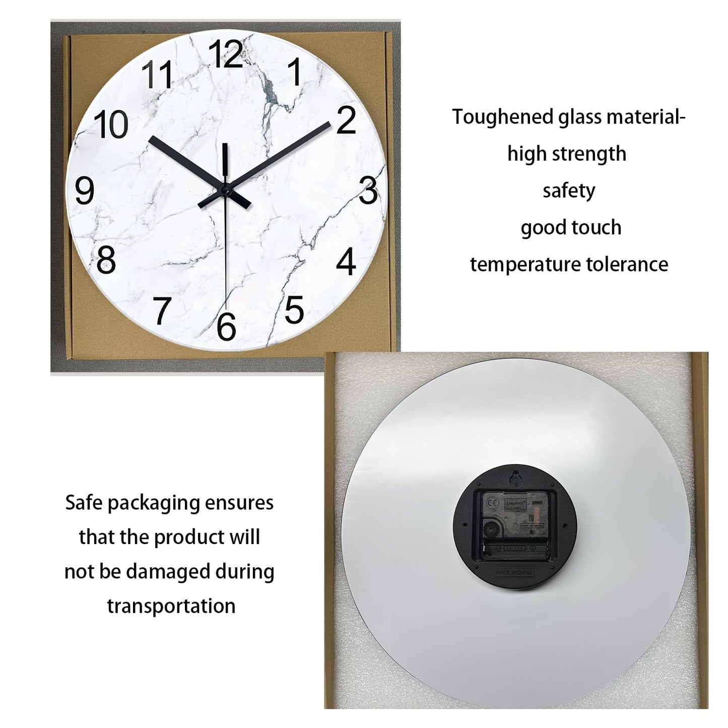 White Marble Glass Wall Clocks Battery Operated 12 Inch Abstract Decorative Analog Wall Clocks for Living Room Bedroom Office Silent Wall Clock Modern