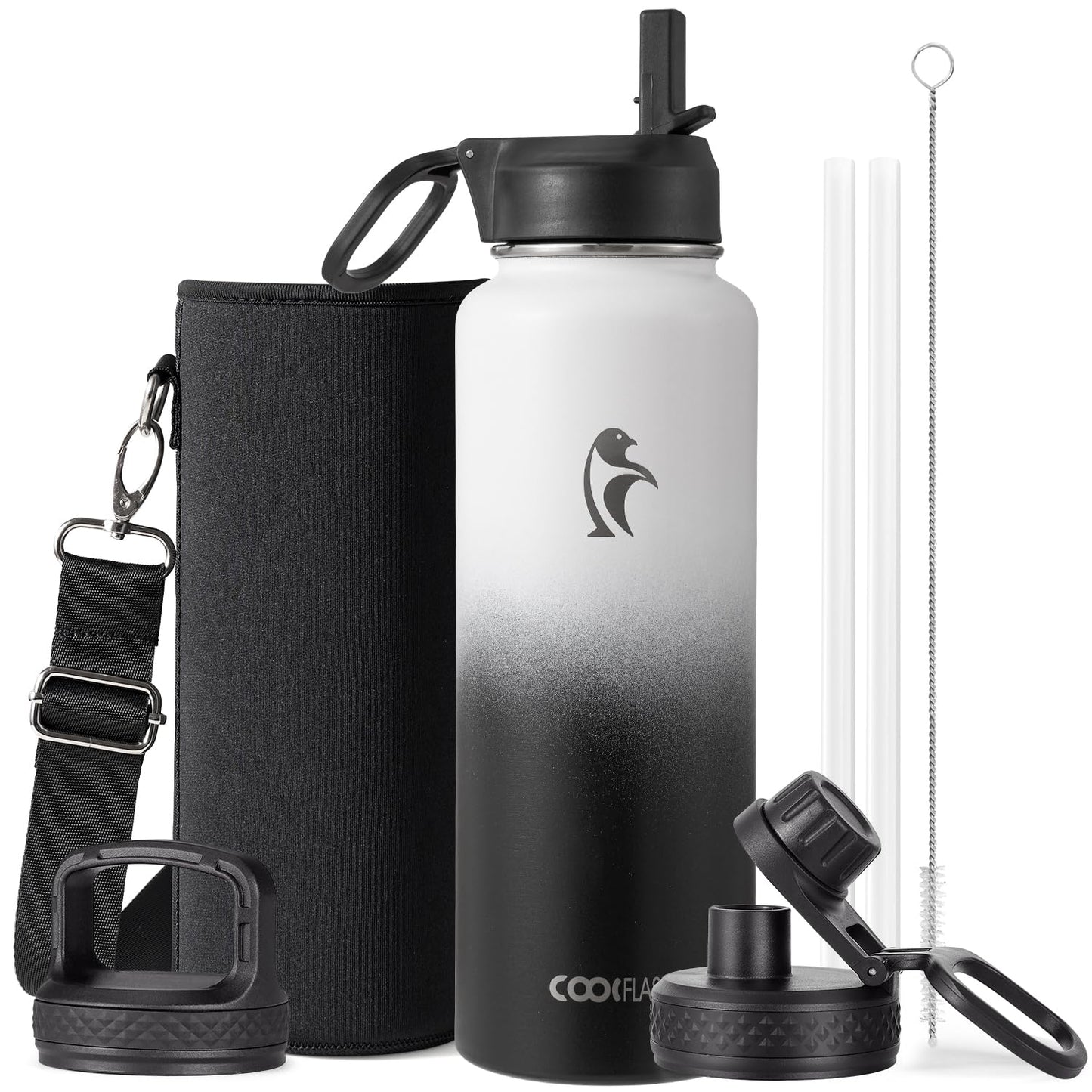 Half Gallon Water Bottle Insulated with Straw & 3 Lids, Coolflask 64 oz Water Jug Large Metal Stainless Steel Wide Mouth for Sports, Gym or Office, Non-BPA Keep Cold 48H Hot 24H, Samurai Cyan