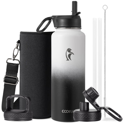Half Gallon Water Bottle Insulated with Straw & 3 Lids, Coolflask 64 oz Water Jug Large Metal Stainless Steel Wide Mouth for Sports, Gym or Office, Non-BPA Keep Cold 48H Hot 24H, Samurai Cyan