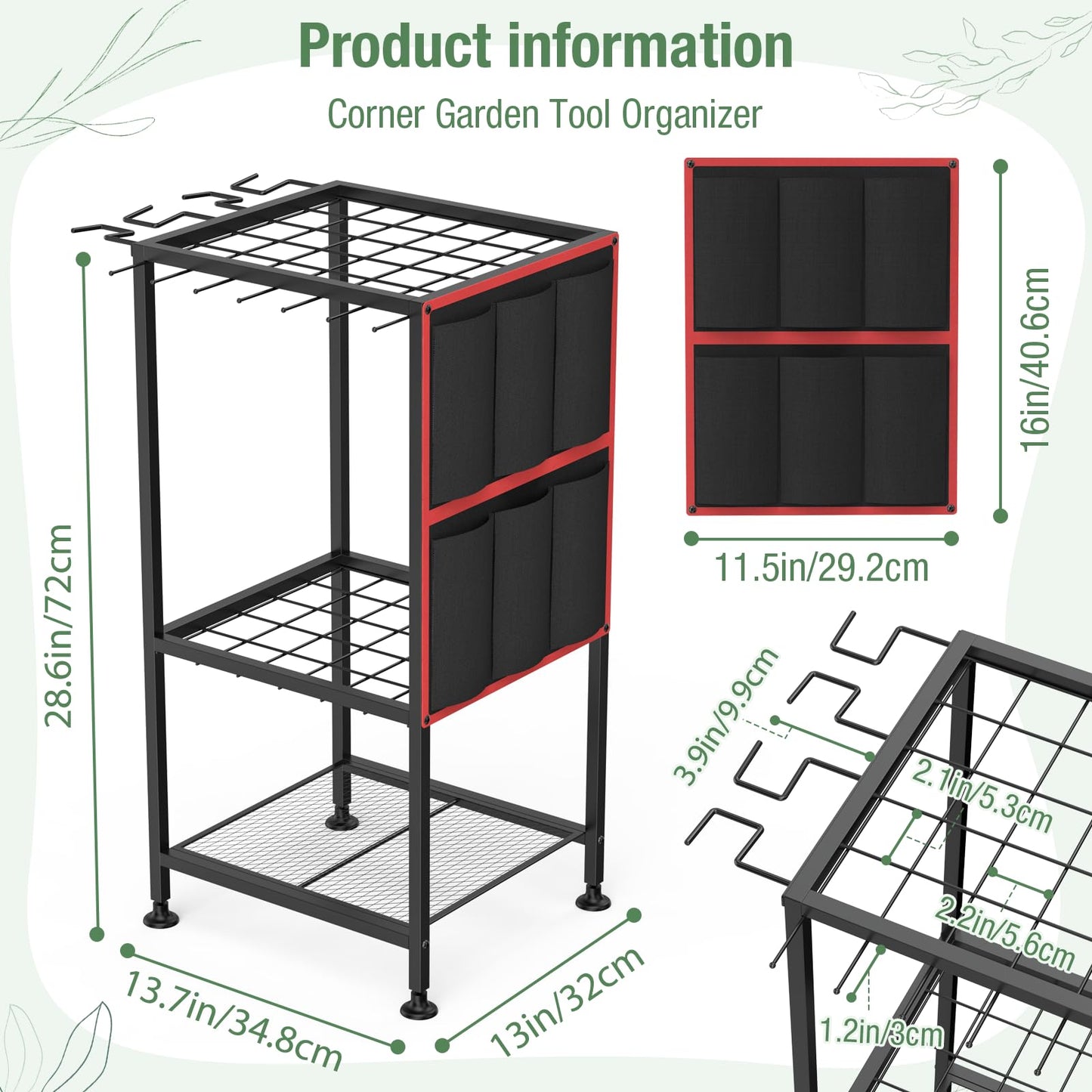 Garden Tool Organizer,Metal Yard Tool Organizer ,Holds 50 Long-Handled Tools/Rakes/Brooms,Side Garden Pocket ,Heavy Duty Steel Yard Tool Storage Rack for Garage,Shed, Outdoor